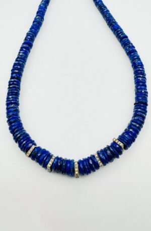 LAPIS HEISHI NECKLACE WITH 5 SQUARE DIAMOND SPACERS