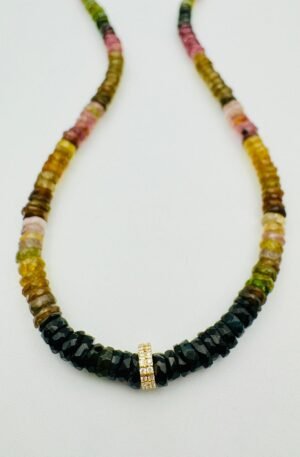 TOURMALINE HEISHI WITH 14K YG DOUBLE DIAMOND BEAD NECKLACE