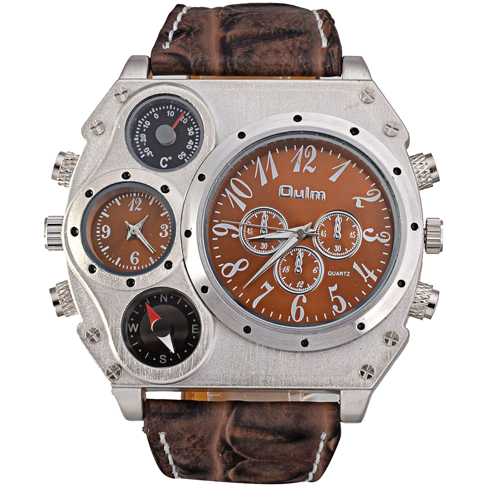 Oulm Analog Dark Brown Leather Strap Four Sub-dials Men Watch